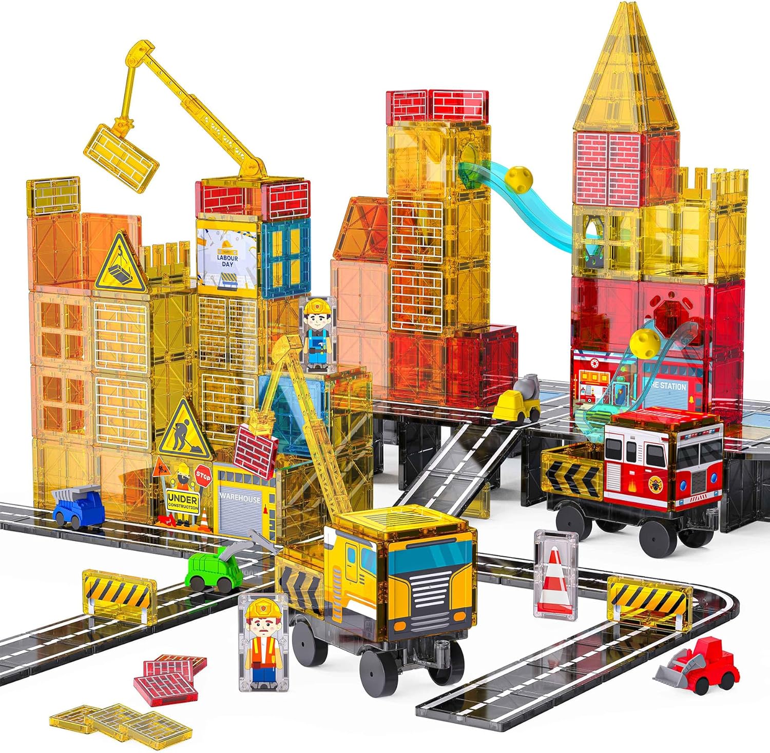 SKTMYY Magnetic Tiles Construction Toys with Road & Crane & Marble Run, Double-Sided Fire Station & Building Magnet Tiles for Kids Ages 4-8, STEM Magnetic Blocks Gifts for 3 4 5 6 7 8 Years Old Boys
