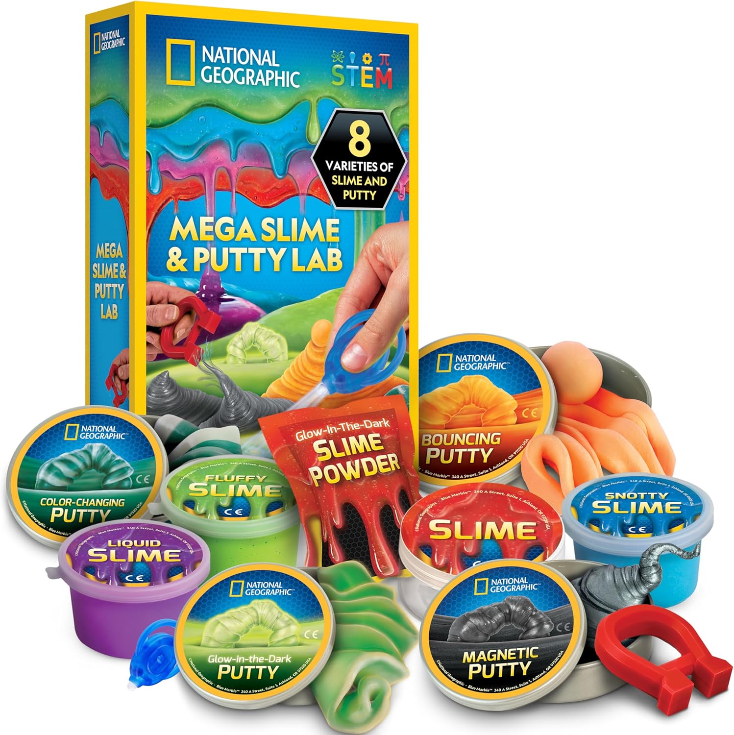 NATIONAL GEOGRAPHIC Mega Slime Kit & Putty Lab – 4 Types of Slime Plus 4 Types of Putty Including Magnetic, Slime Kit for Boys and Girls, Sensory Toy & Science Kit