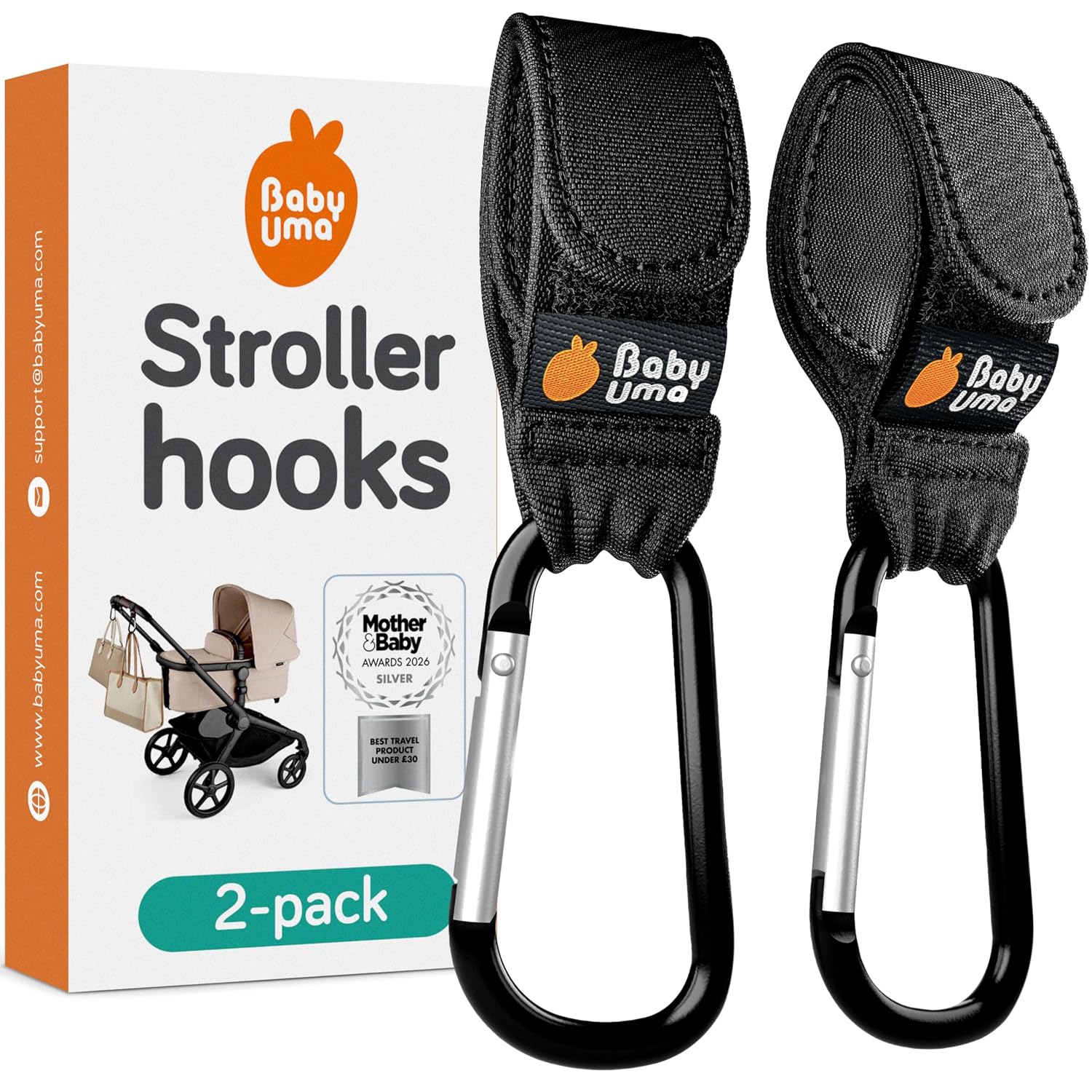 Baby Uma Stroller Hooks for Bags (2 Pack) – Universal Stroller Clips and Hooks, Non-Slip with One-Hand Opening, 11 lb Weight Capacity, Baby Travel Essential