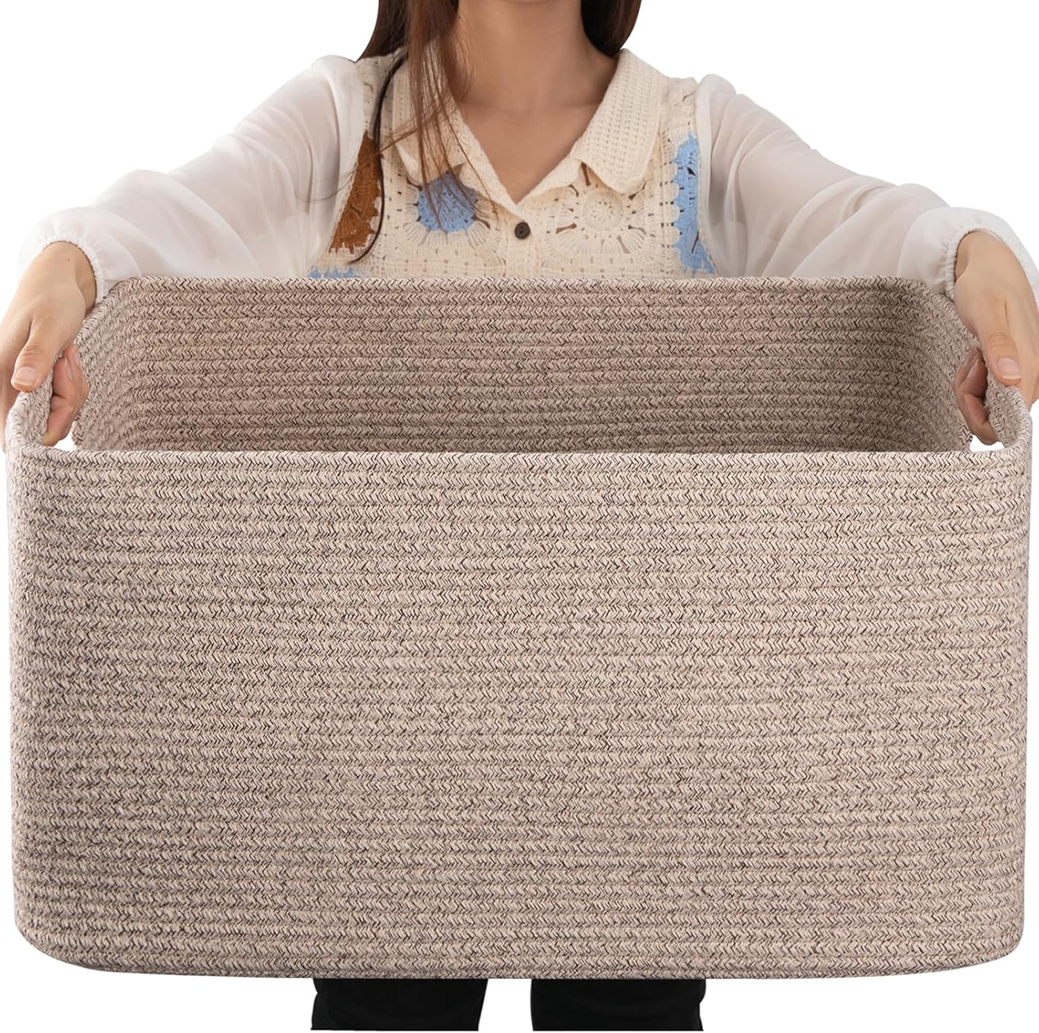OIAHOMY 75L Large Woven Cotton Rope Storage Basket with Handle for Organizing Blanket and Toys for Living Room, Nursery, Brown Variegated 22”x17”x12”