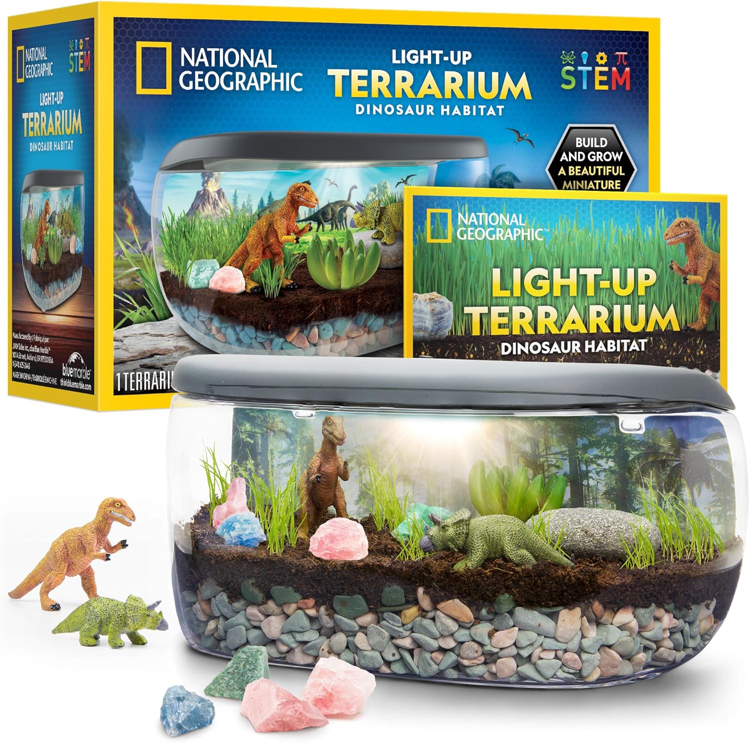 National Geographic Light Up Dinosaur Terrarium Kit for Kids – Build a Dino Habitat with Real Plants & Gemstones, Night Light, Science Kit, Dinosaur Toys for Kids Ages 6 7 8 9 (Amazon Exclusive)
