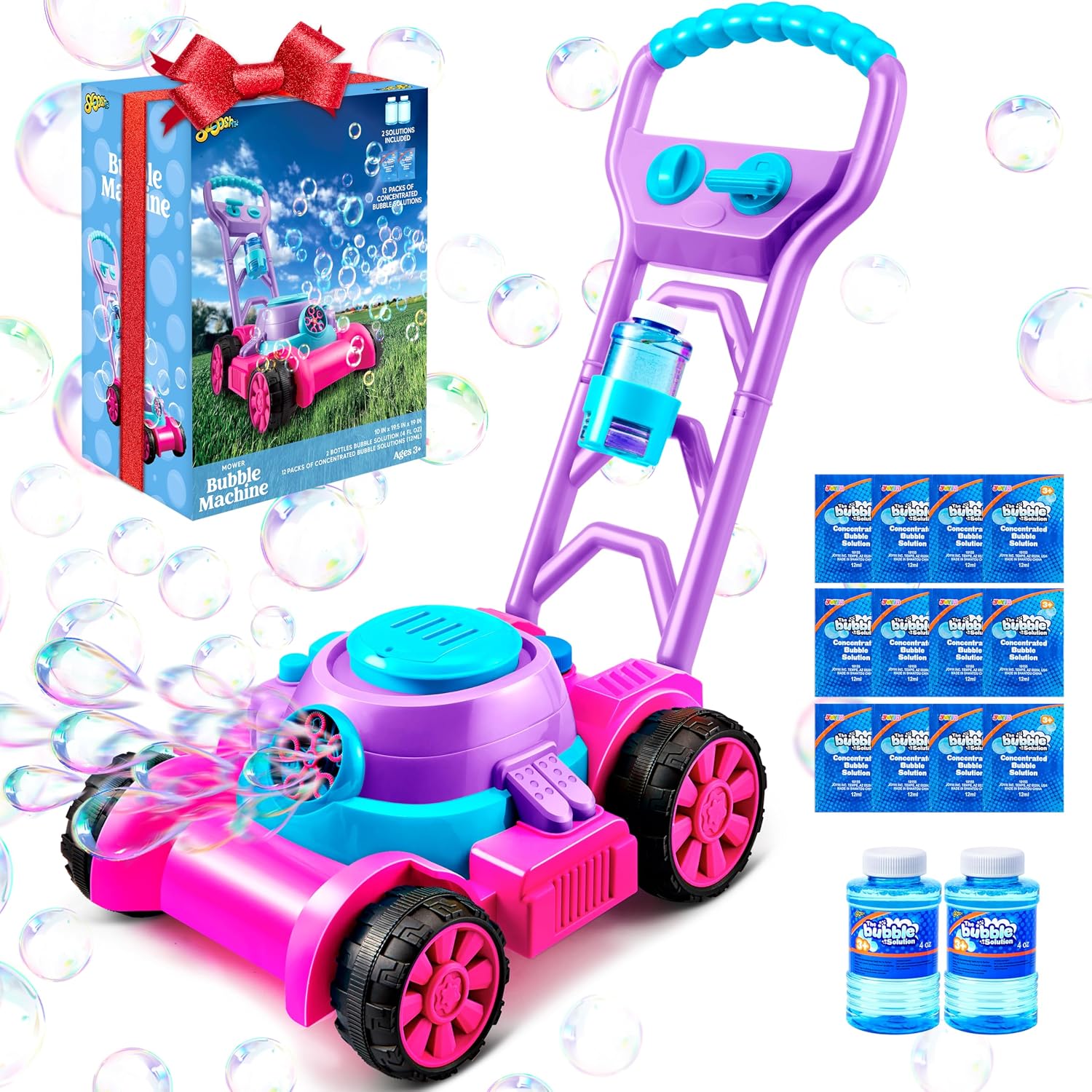 SLOOSH Bubble Lawn Mower Toddler Toys – Spill-Proof Bubble Machine Pretend Gardening Toy for Age 1 2 3 1-3 Year Old Toddler Indoor Outdoor Use, Baby Girl Push Toys Easter Birthday Gift (Pink)
