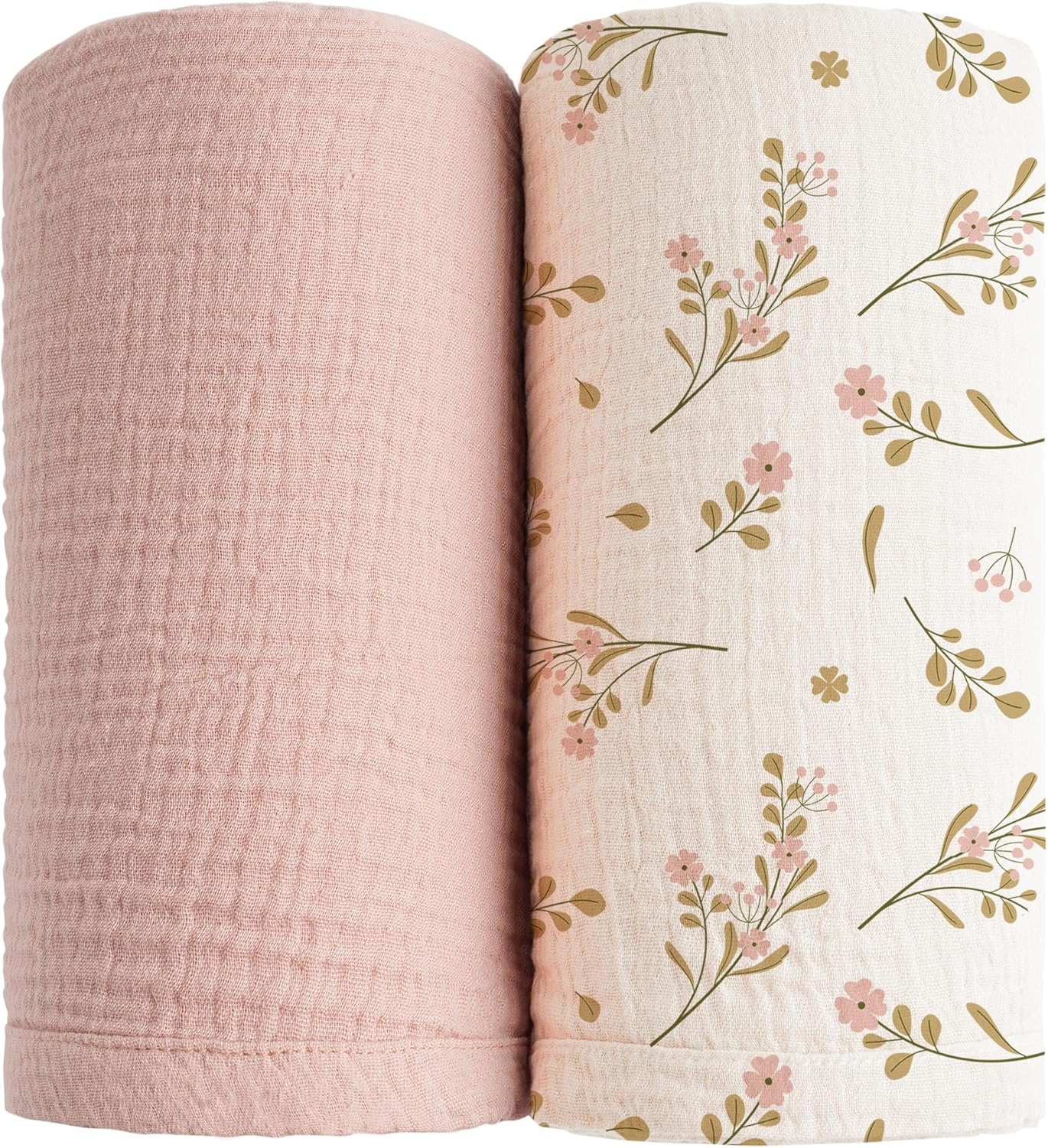 Konssy Muslin Swaddle Blankets for Girls Boys 2 Pack, 100% Cotton Receiving Baby Blanket Large 47 x 47 inches, Soft Breathable Swaddling Wrap for Unisex Newborn (Pink, Floral)