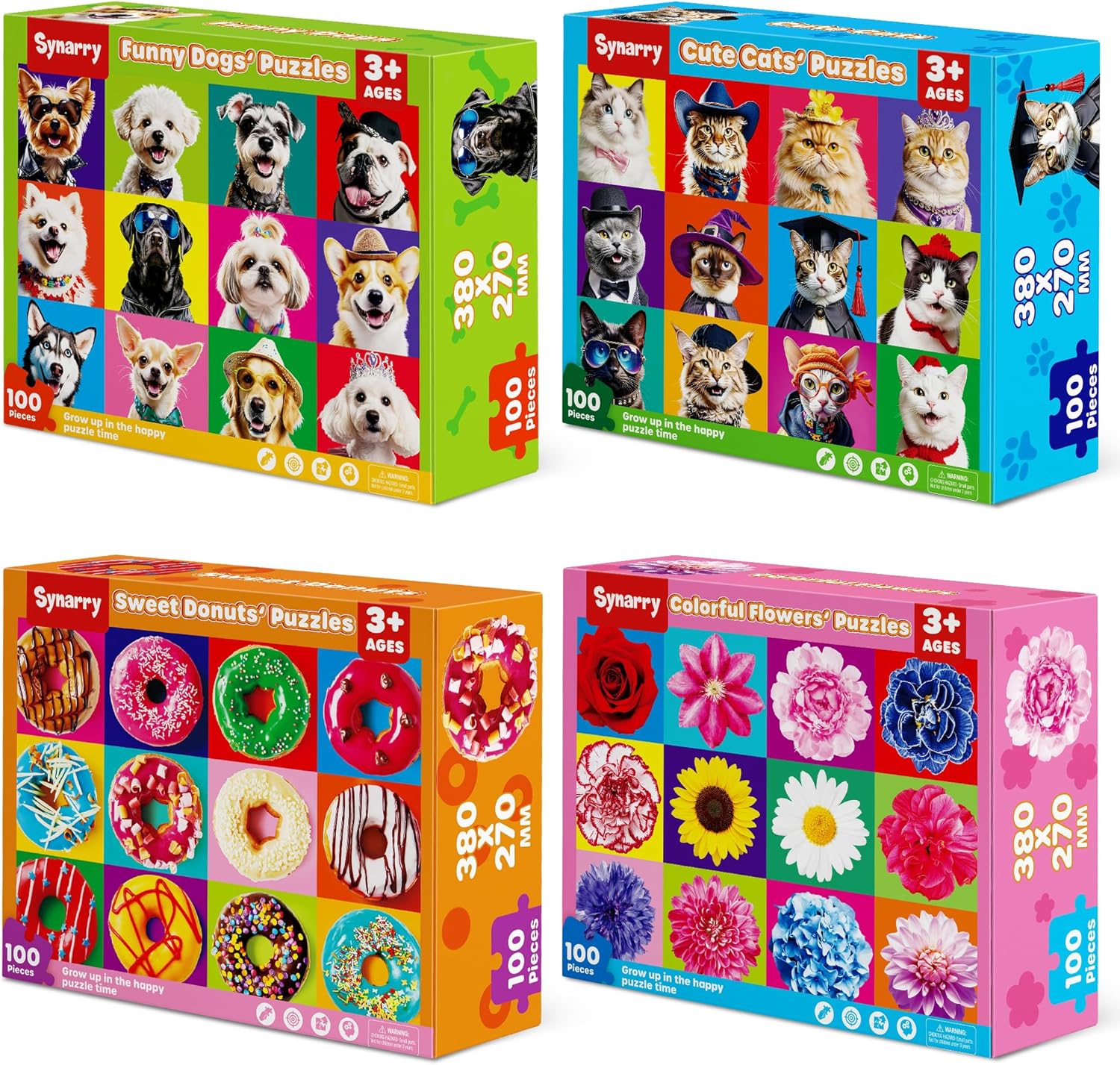 SYNARRY 100 Piece Puzzles for Kids Ages 4-6 6-8, Wooden 100 Piece Puzzle, 4 5 6 7 8 Year Old Puzzles for Kids Ages 4-8, Cat Dog Flower Donut Jigsaw Puzzle Easter Gifts for 3+ Years Old Boys Girls