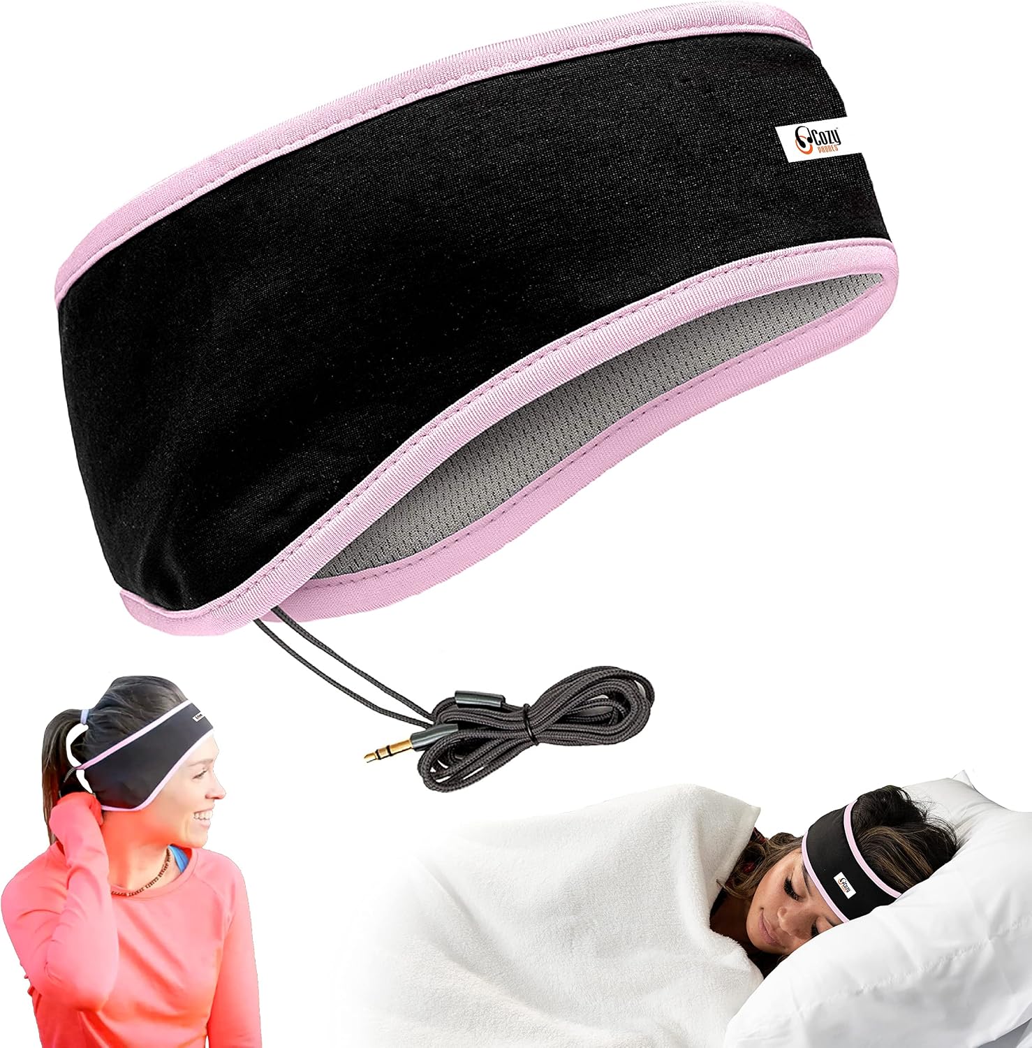 CozyPhones Sleep Headphones – Over Ear Headphones from Ultra Thin Cool Mesh Wired for Side Sleepers, Meditation, Running, Laptop, and Phone – Pink Lycra