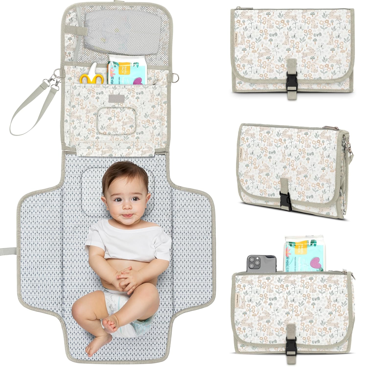 KeaBabies Portable Diaper Changing Pad, Travel, Car – Large Waterproof Baby Changing Mat, Wipeable, Padded, On The Go Travel Diaper Clutch Bag, Easy to Use Pockets for Newborn Essentials (Prairie)