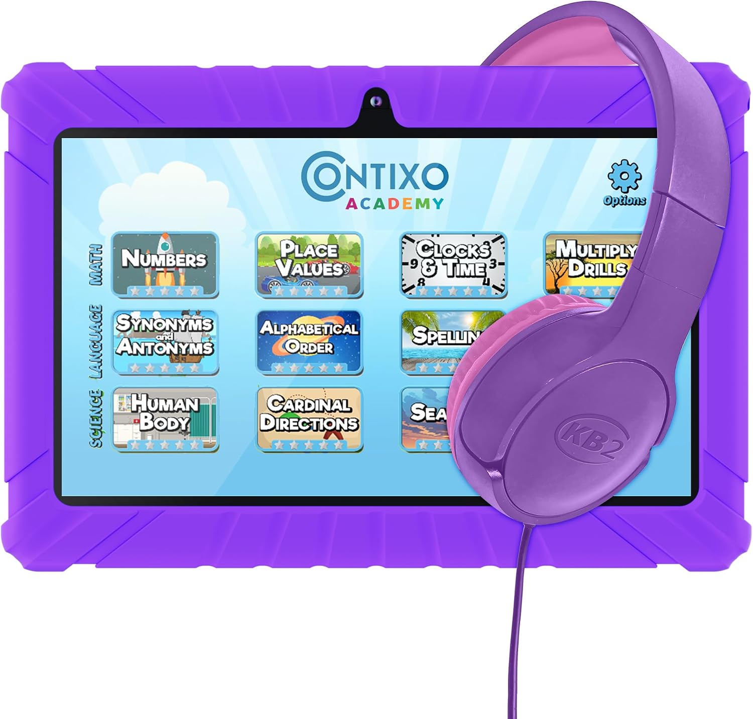Contixo 7 Kids Tablet Bundle – Learning Tablets and Headphones for Kids, Includes 14 Teacher’s Approved Apps, 7-inch HD, Ages 3-7, Parental Control, Android 11, 32GB, WiFi – Purple (Girls)