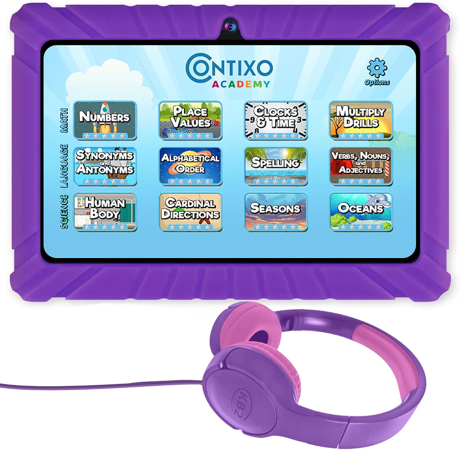 Contixo Kids Tablet Bundle, 7″ Learning Tablet with Headphones, Purple