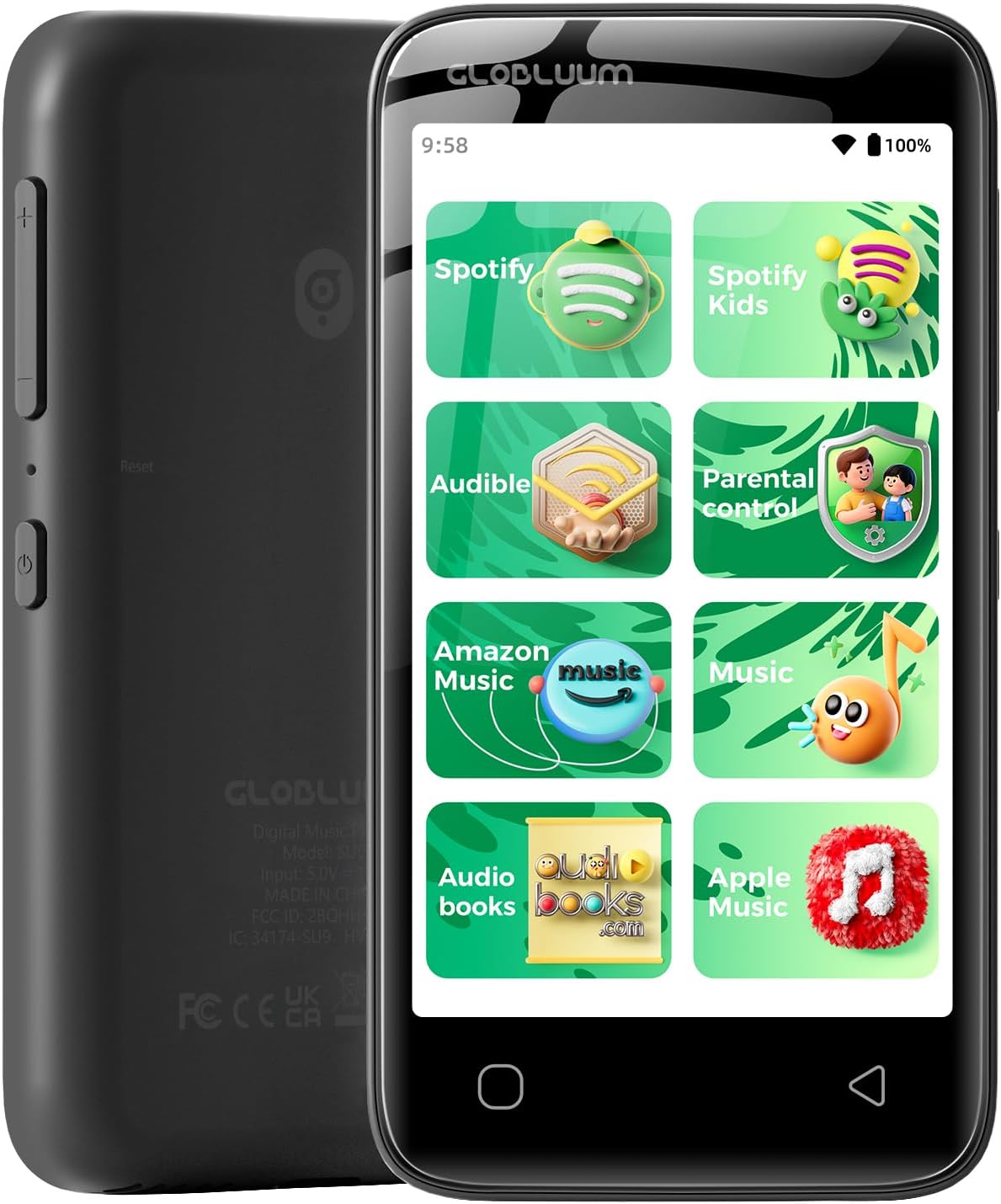 80GB MP3 Player for Kids, Parental Controls, Supports Spotify Kids, Audible, LibriVox, and Kindle, Android MP4 Player Gift with 4″ Touchscreen, WiFi and Bluetooth(Glossy Black)