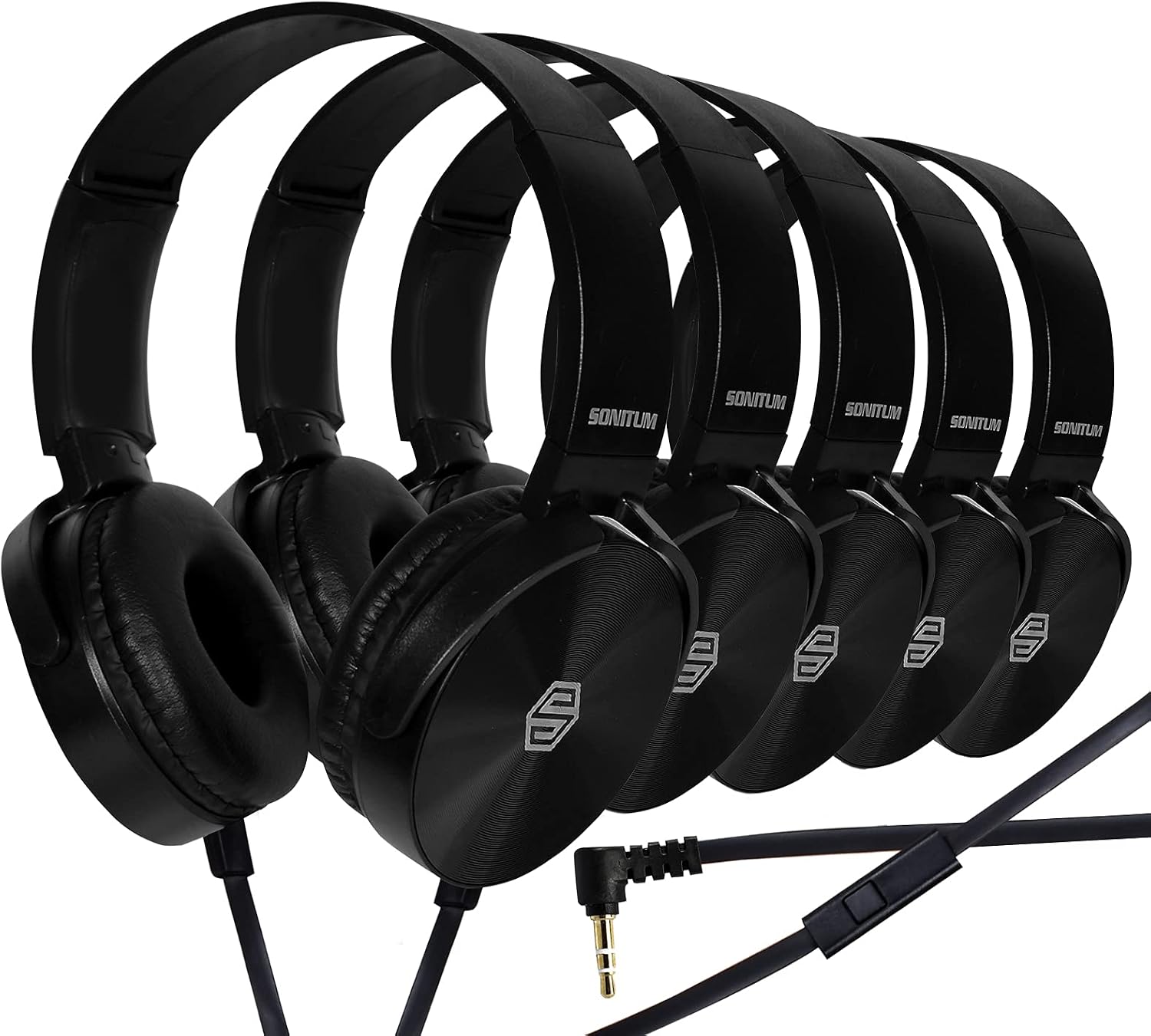 Sonitum Classroom Headphones-Bulk 10-Pack, Student On Ear Comfy Swivel Earphones for Library, School, Airplane, Kids-for Online Learning and Travel, HQ Stereo Sound 3.5mm Jack (Black with Microphone)