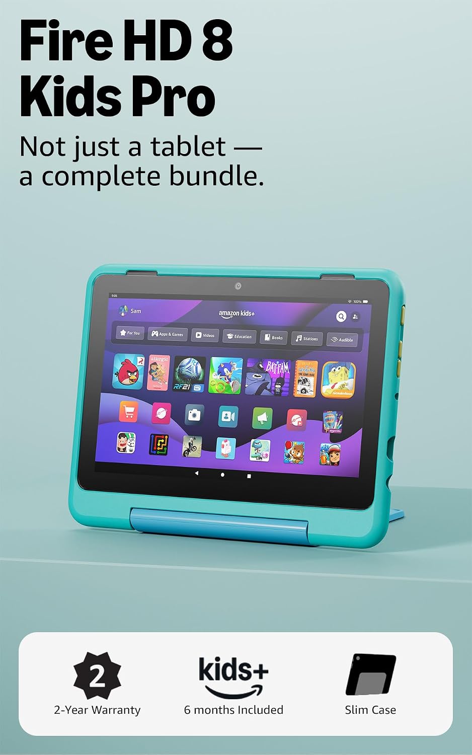 Amazon Fire HD 8 Kids Pro tablet (newest model), ages 6-12. Bright 8″ HD screen, includes ad-free content, parental controls, 13-hr battery, slim case for older kids, 64GB, Hello Teal