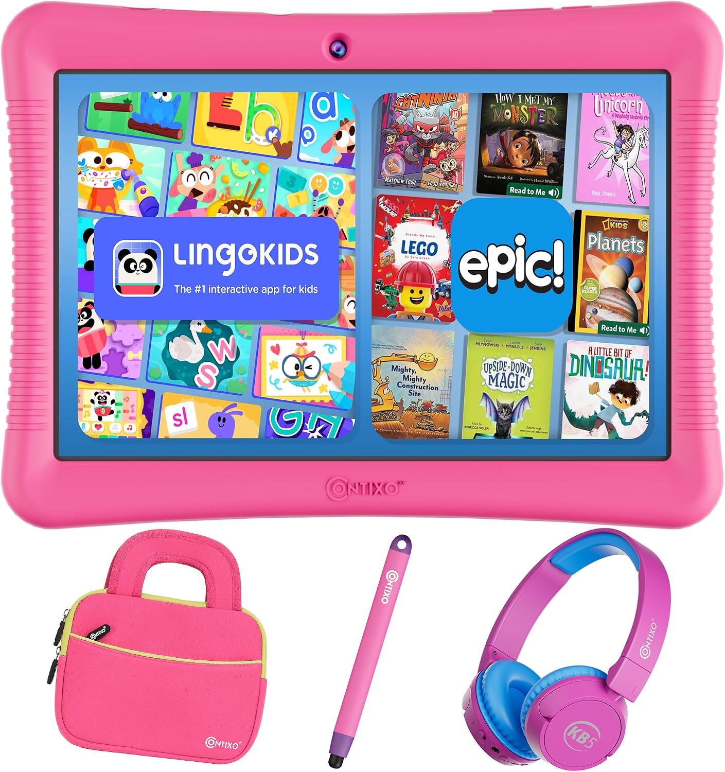Contixo 10″ Android Kids Tablet Bundle – 32GB, Epic! & Lingokids Educational Apps, Parental Controls, Kid-Proof Case w/Kickstand & Stylus, Headphones & Sleeve Bag – Pink