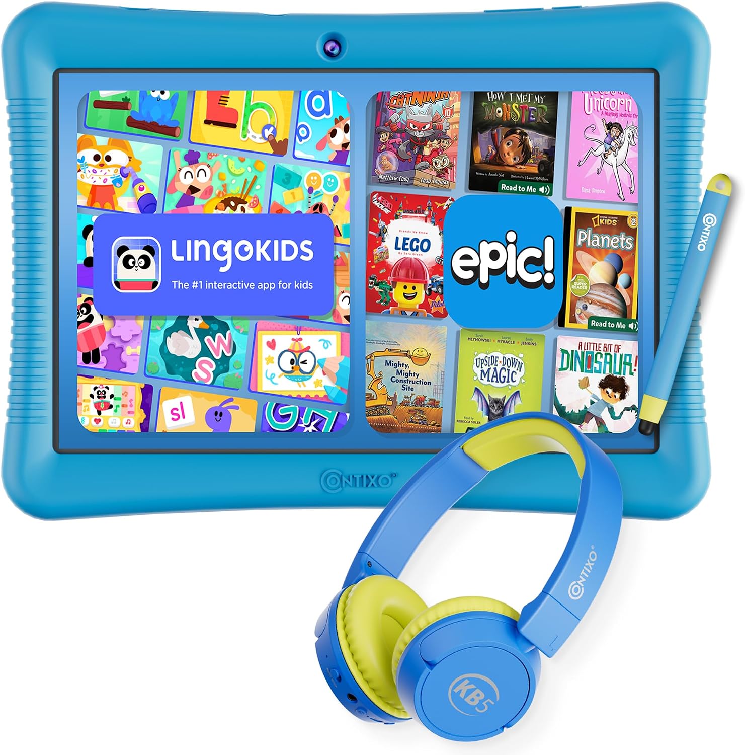 Contixo K102 10″ Kids Tablet Bundle – Wireless Kids Headphones, 32GB, Learning Educational Apps, Parental Controls, Dual Cameras, Shockproof Case with Kickstand & Stylus, Ages 3-7 – Blue