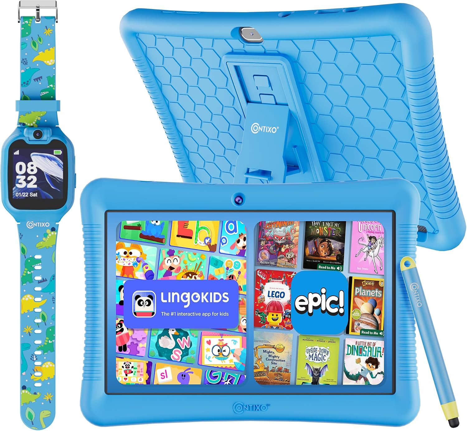 Contixo 10″ Kids Tablet and Smartwatch Bundle – Epic & Lingokids, Learning Android Tablet for Kids, 32GB, Educational Watch with Games, Camera, Music Player, Alarm, Customizable Wallpaper – Blue