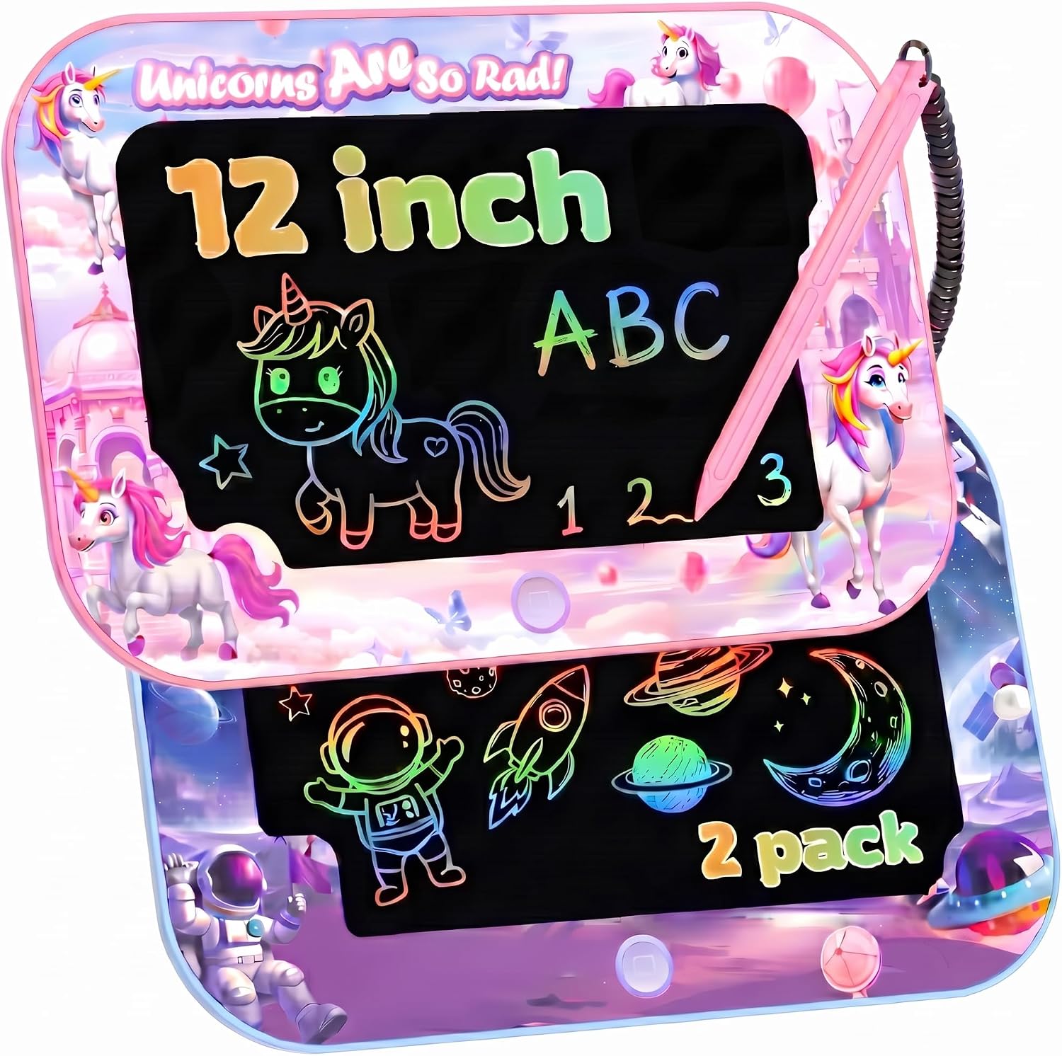 12 Inch LCD Writing Tablet for Kids,2 Pack Kids Drawing Board, Doodle Pad with Color Screen,Reusable Electronic Writing Tablet for Ages 3-8, Educational Travel Toys for Boys & Girls Birthday Gifts